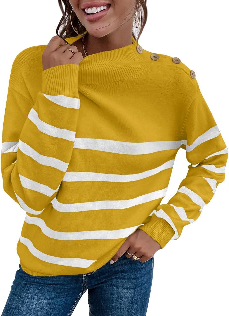 imageLONGYUAN Women Winter Turtle Necks Striped Knit Sweater Long Sleeve Pullover Casual Color Block Spring Tops 2025Mustard