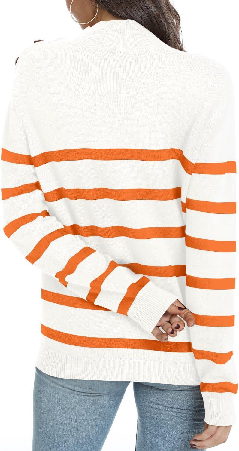 imageLONGYUAN Women Winter Turtle Necks Striped Knit Sweater Long Sleeve Pullover Casual Color Block Spring Tops 2025Orange Red