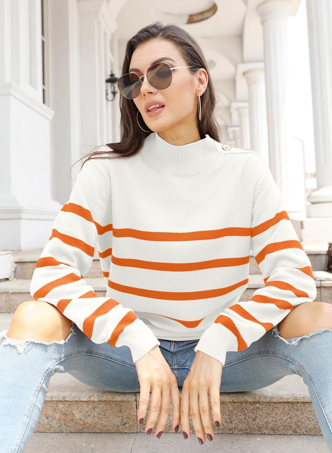 imageLONGYUAN Women Winter Turtle Necks Striped Knit Sweater Long Sleeve Pullover Casual Color Block Spring Tops 2025Orange Red