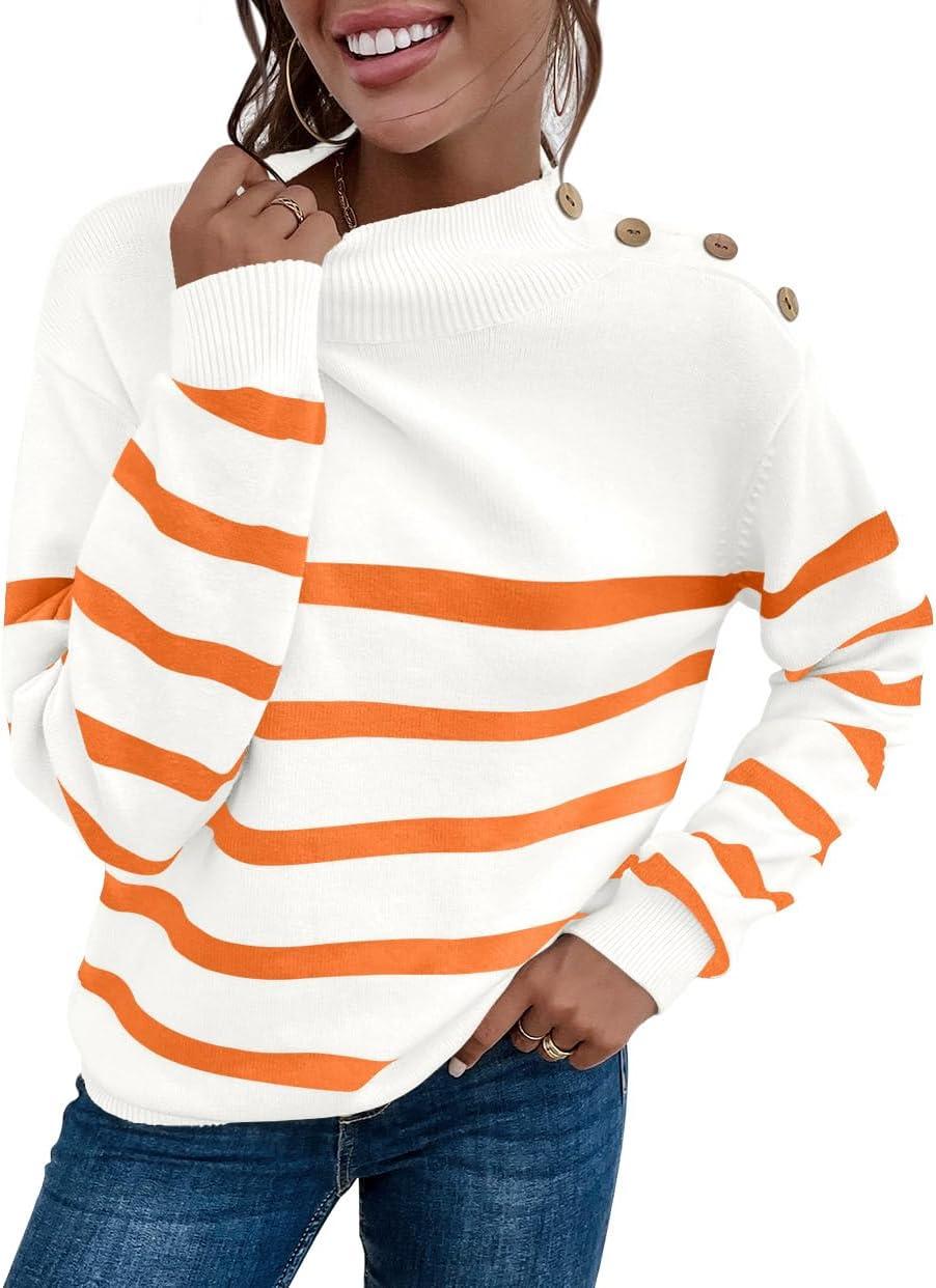 imageLONGYUAN Women Winter Turtle Necks Striped Knit Sweater Long Sleeve Pullover Casual Color Block Spring Tops 2025Orange Red