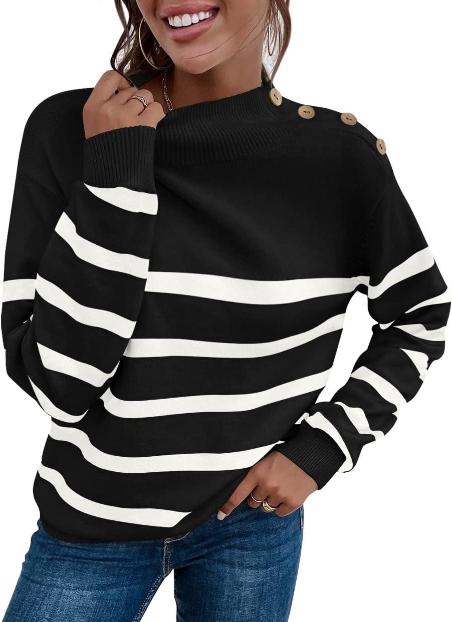 imageLONGYUAN Women Winter Turtle Necks Striped Knit Sweater Long Sleeve Pullover Casual Color Block Spring Tops 2025Wblack