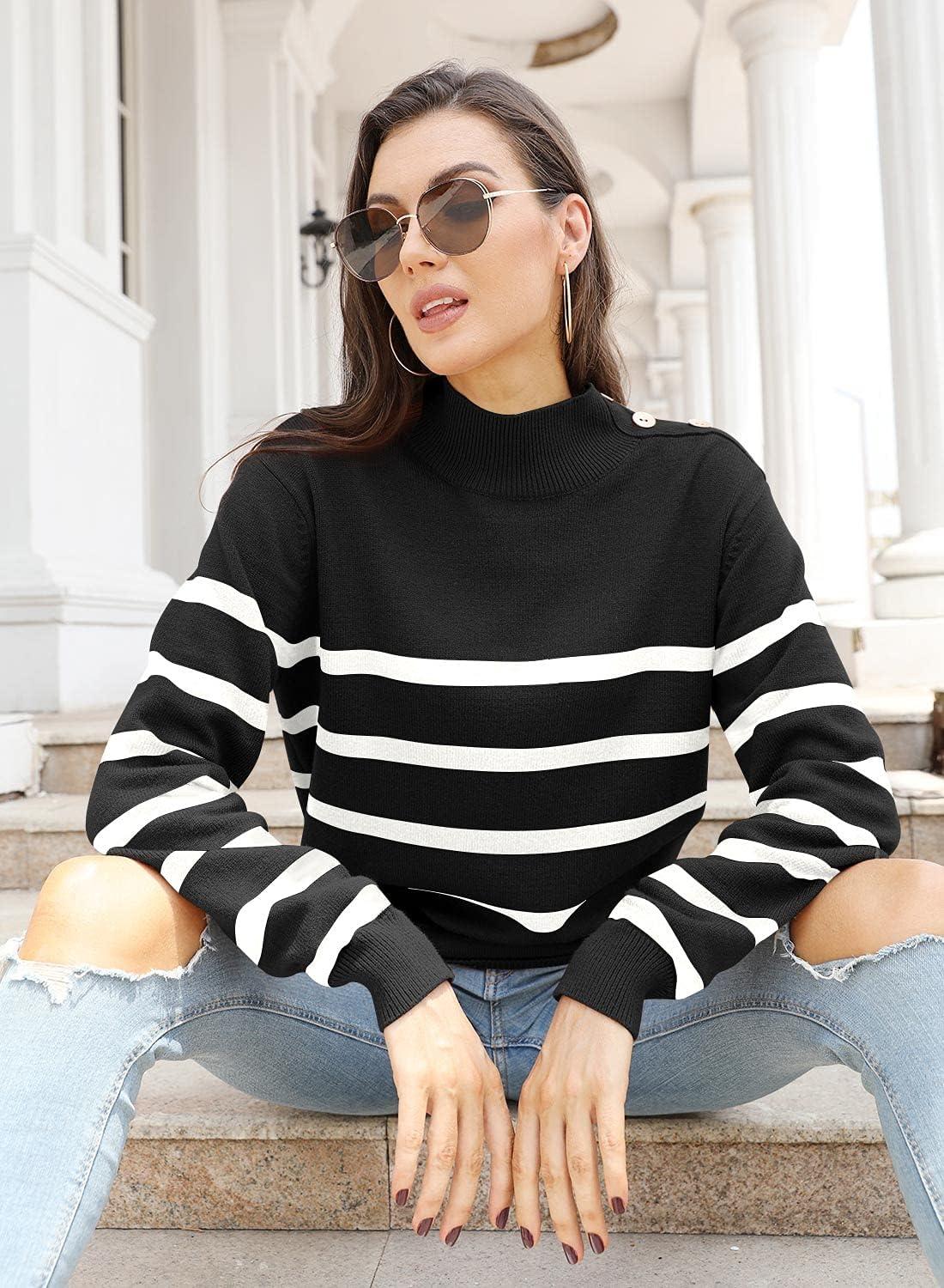 imageLONGYUAN Women Winter Turtle Necks Striped Knit Sweater Long Sleeve Pullover Casual Color Block Spring Tops 2025Wblack