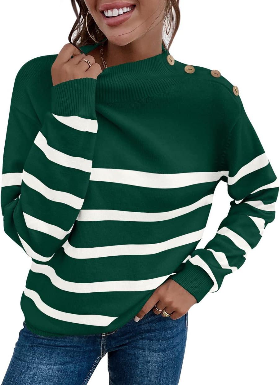 imageLONGYUAN Women Winter Turtle Necks Striped Knit Sweater Long Sleeve Pullover Casual Color Block Spring Tops 2025Wdark Green