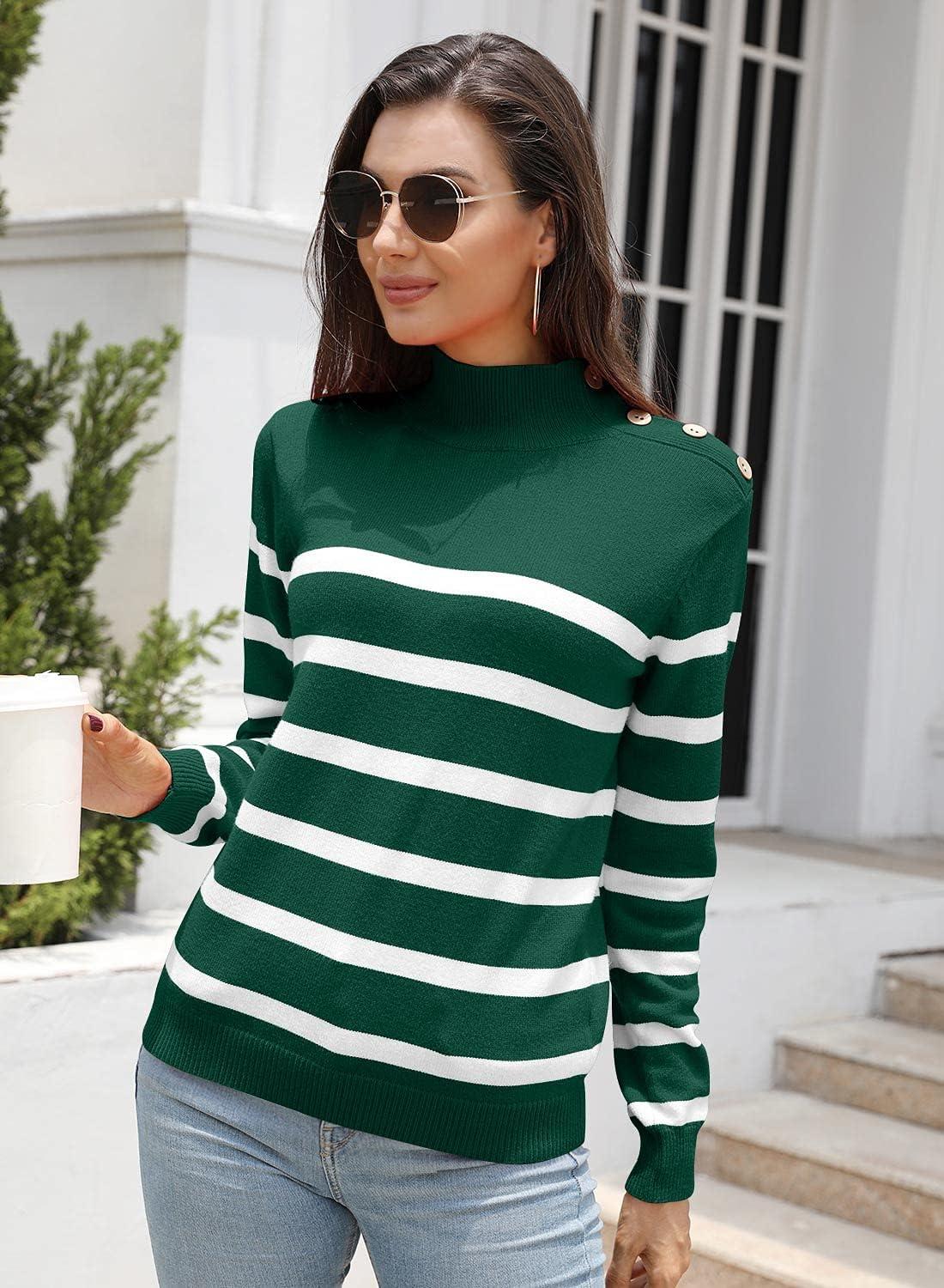 imageLONGYUAN Women Winter Turtle Necks Striped Knit Sweater Long Sleeve Pullover Casual Color Block Spring Tops 2025Wdark Green