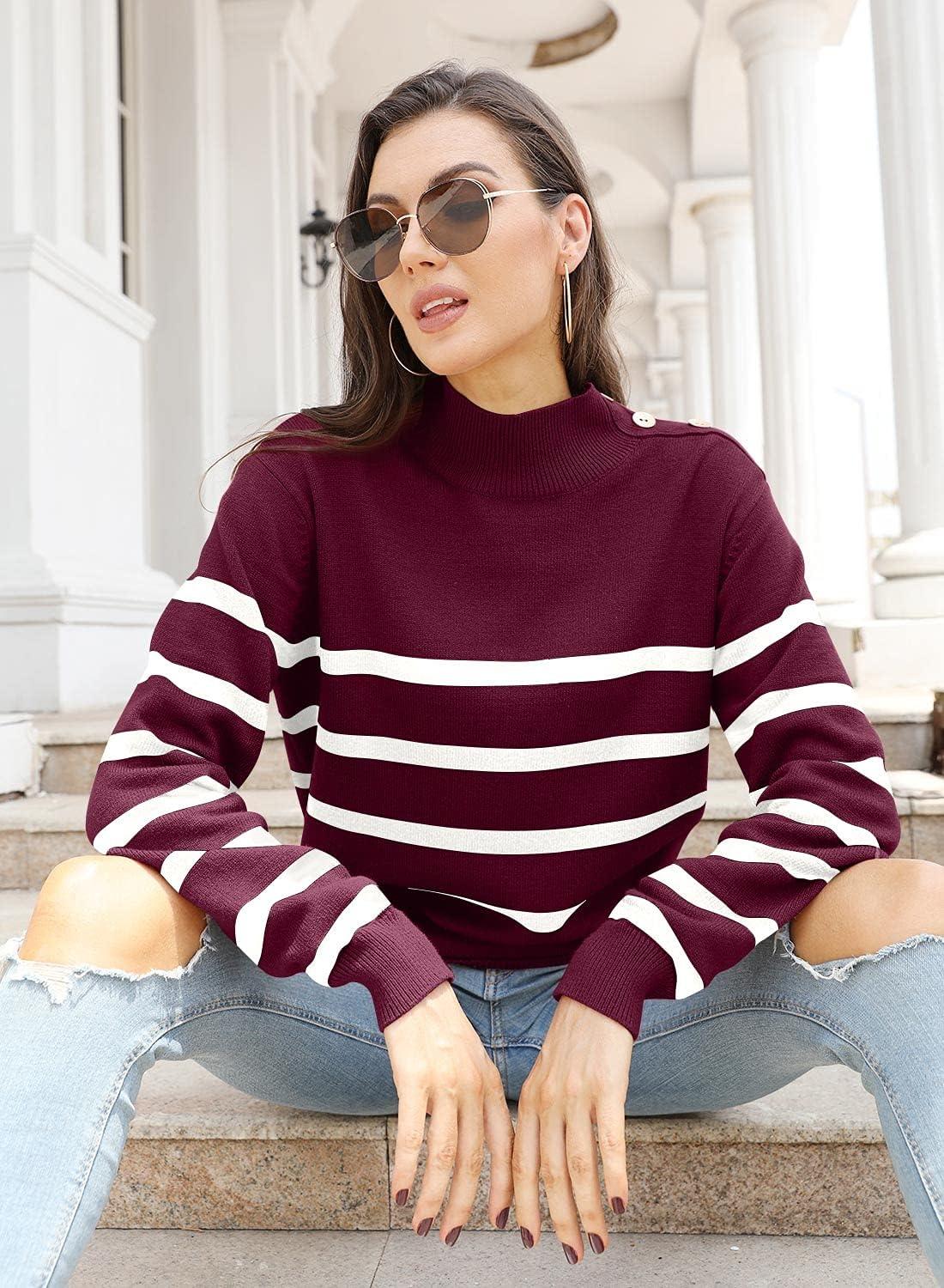 imageLONGYUAN Women Winter Turtle Necks Striped Knit Sweater Long Sleeve Pullover Casual Color Block Spring Tops 2025Wdeep Red