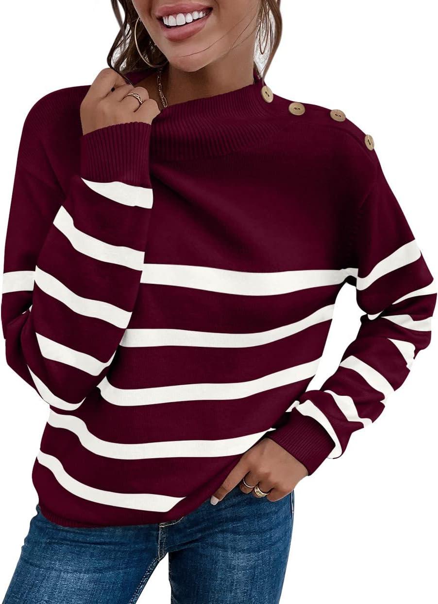 imageLONGYUAN Women Winter Turtle Necks Striped Knit Sweater Long Sleeve Pullover Casual Color Block Spring Tops 2025Wdeep Red
