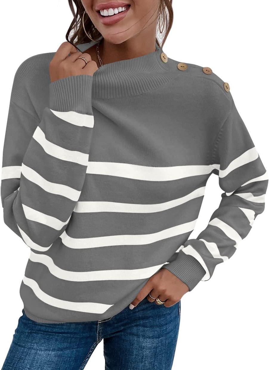 imageLONGYUAN Women Winter Turtle Necks Striped Knit Sweater Long Sleeve Pullover Casual Color Block Spring Tops 2025Wgrey