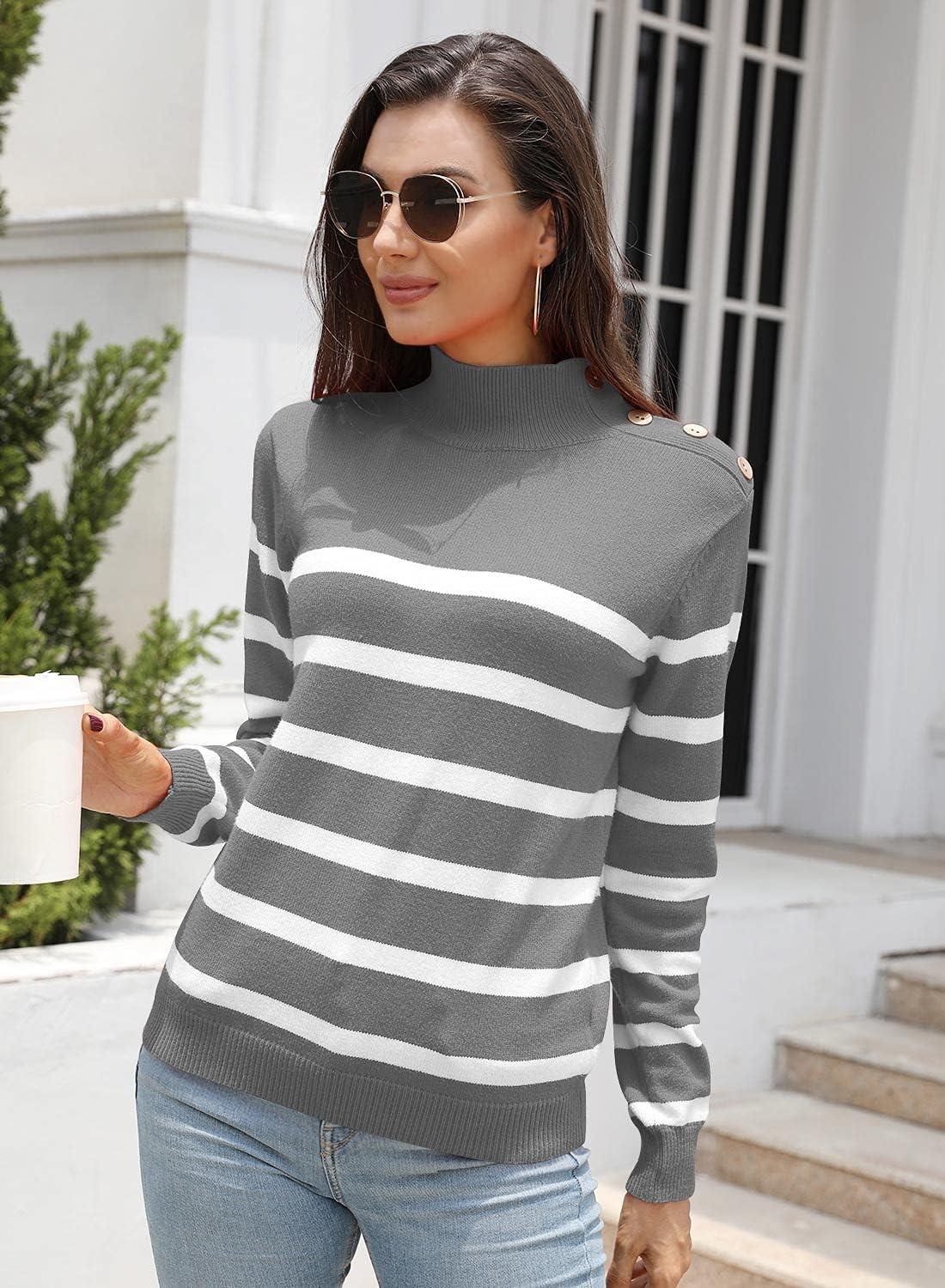 imageLONGYUAN Women Winter Turtle Necks Striped Knit Sweater Long Sleeve Pullover Casual Color Block Spring Tops 2025Wgrey