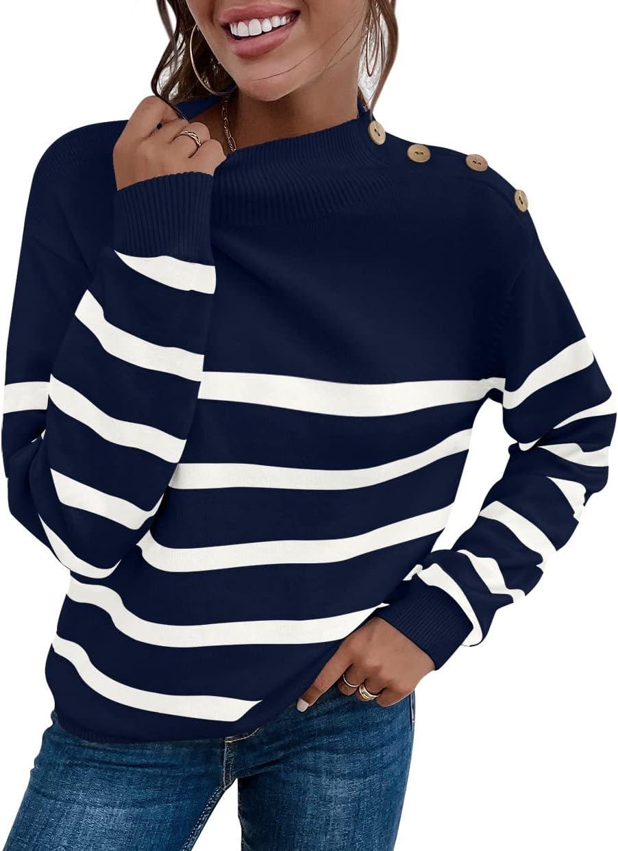 imageLONGYUAN Women Winter Turtle Necks Striped Knit Sweater Long Sleeve Pullover Casual Color Block Spring Tops 2025Wnavy Blue