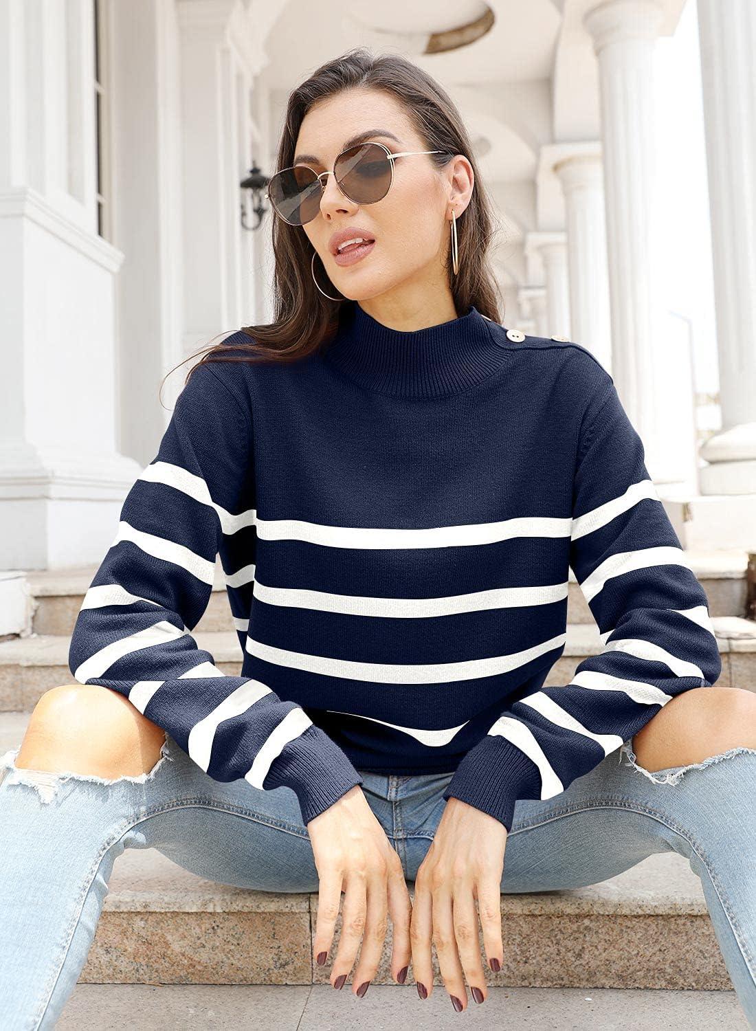 imageLONGYUAN Women Winter Turtle Necks Striped Knit Sweater Long Sleeve Pullover Casual Color Block Spring Tops 2025Wnavy Blue