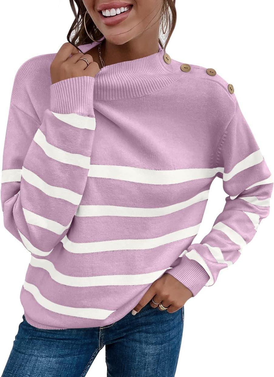 imageLONGYUAN Women Winter Turtle Necks Striped Knit Sweater Long Sleeve Pullover Casual Color Block Spring Tops 2025Wpurple