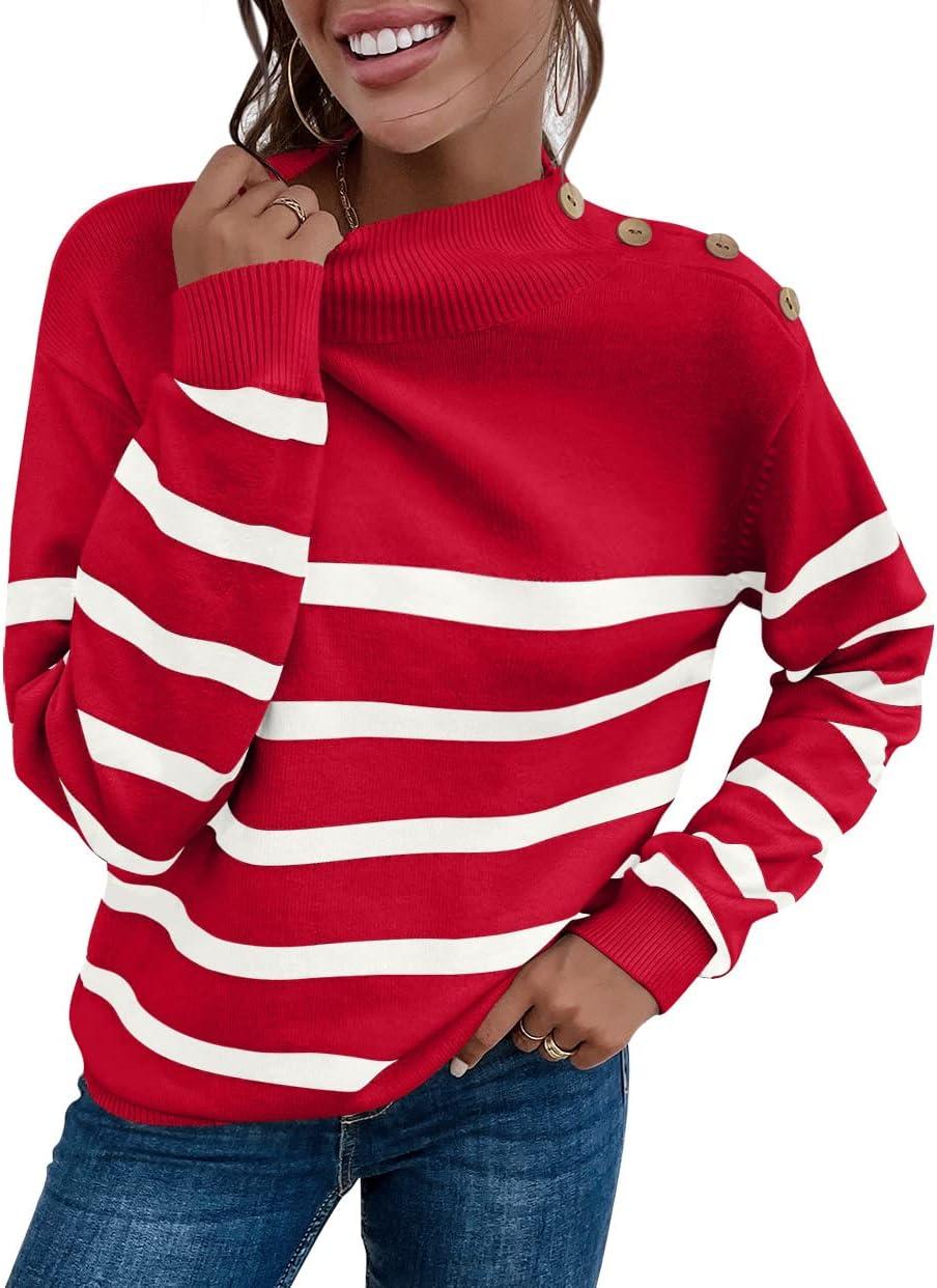 imageLONGYUAN Women Winter Turtle Necks Striped Knit Sweater Long Sleeve Pullover Casual Color Block Spring Tops 2025Wred