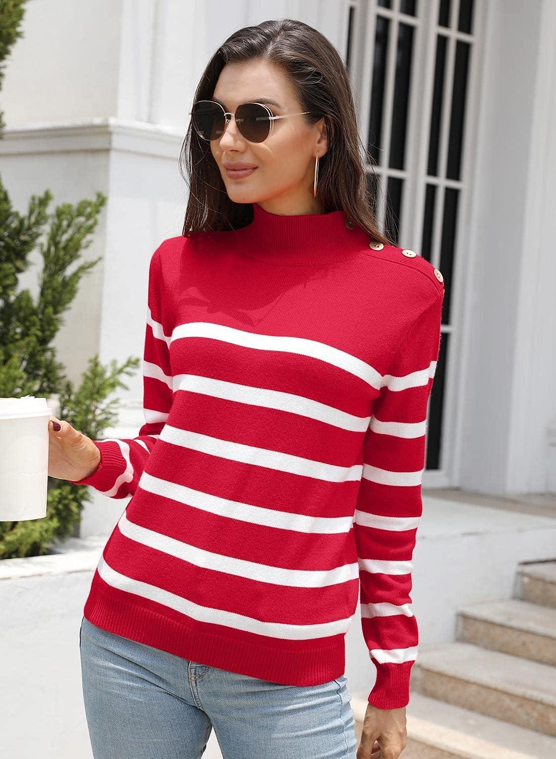 imageLONGYUAN Women Winter Turtle Necks Striped Knit Sweater Long Sleeve Pullover Casual Color Block Spring Tops 2025Wred