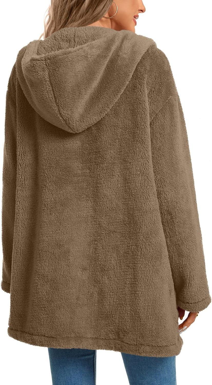 imageLONGYUAN Womens Jacket Winter Coats Hooded Cardigan Fleece Sweaters1fawn