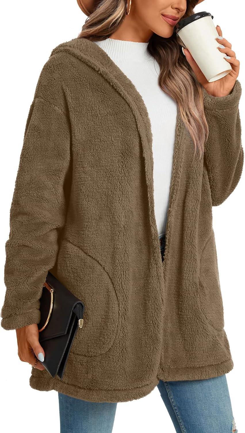 imageLONGYUAN Womens Jacket Winter Coats Hooded Cardigan Fleece Sweaters1fawn