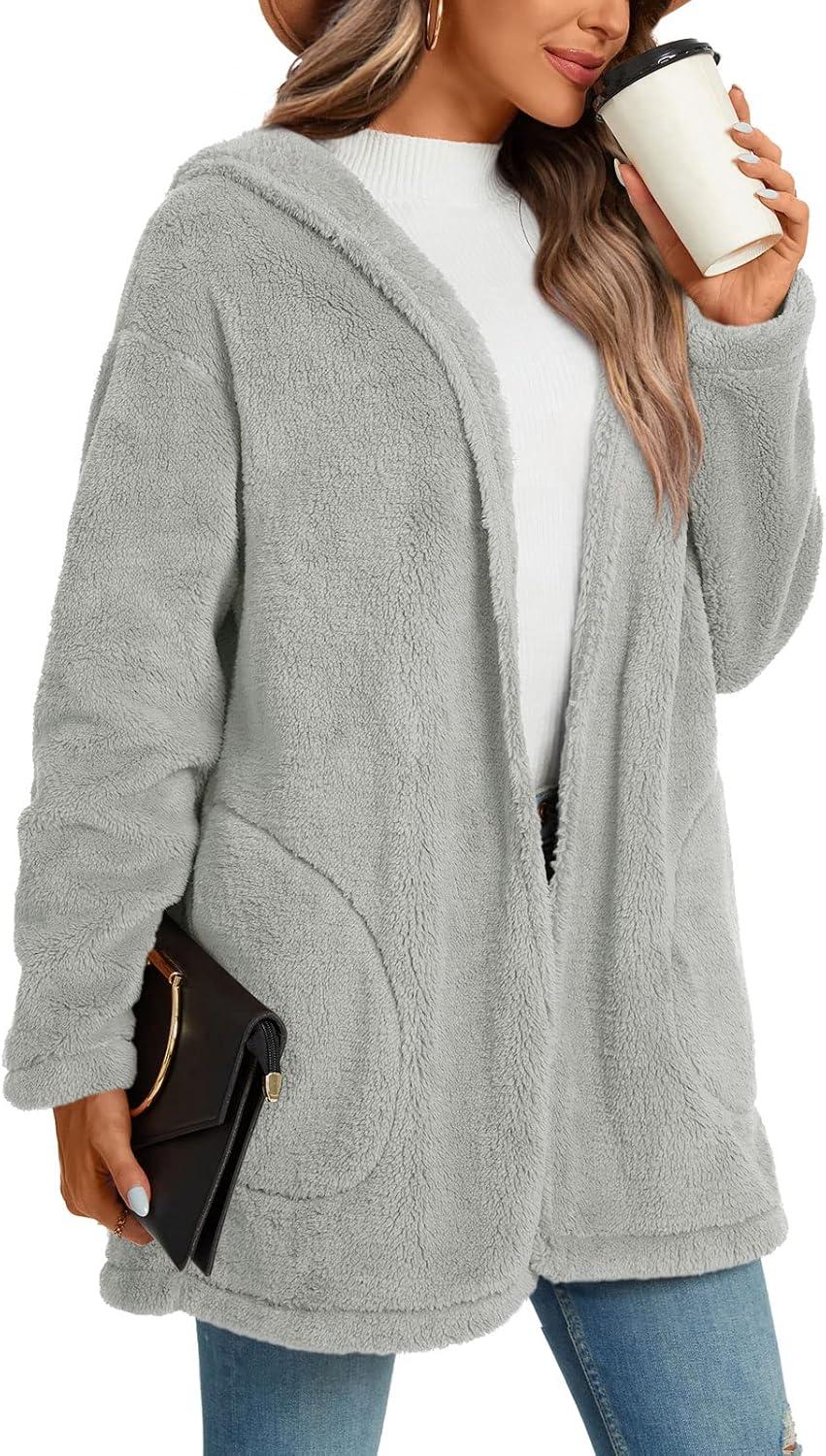 imageLONGYUAN Womens Jacket Winter Coats Hooded Cardigan Fleece Sweaters1grey