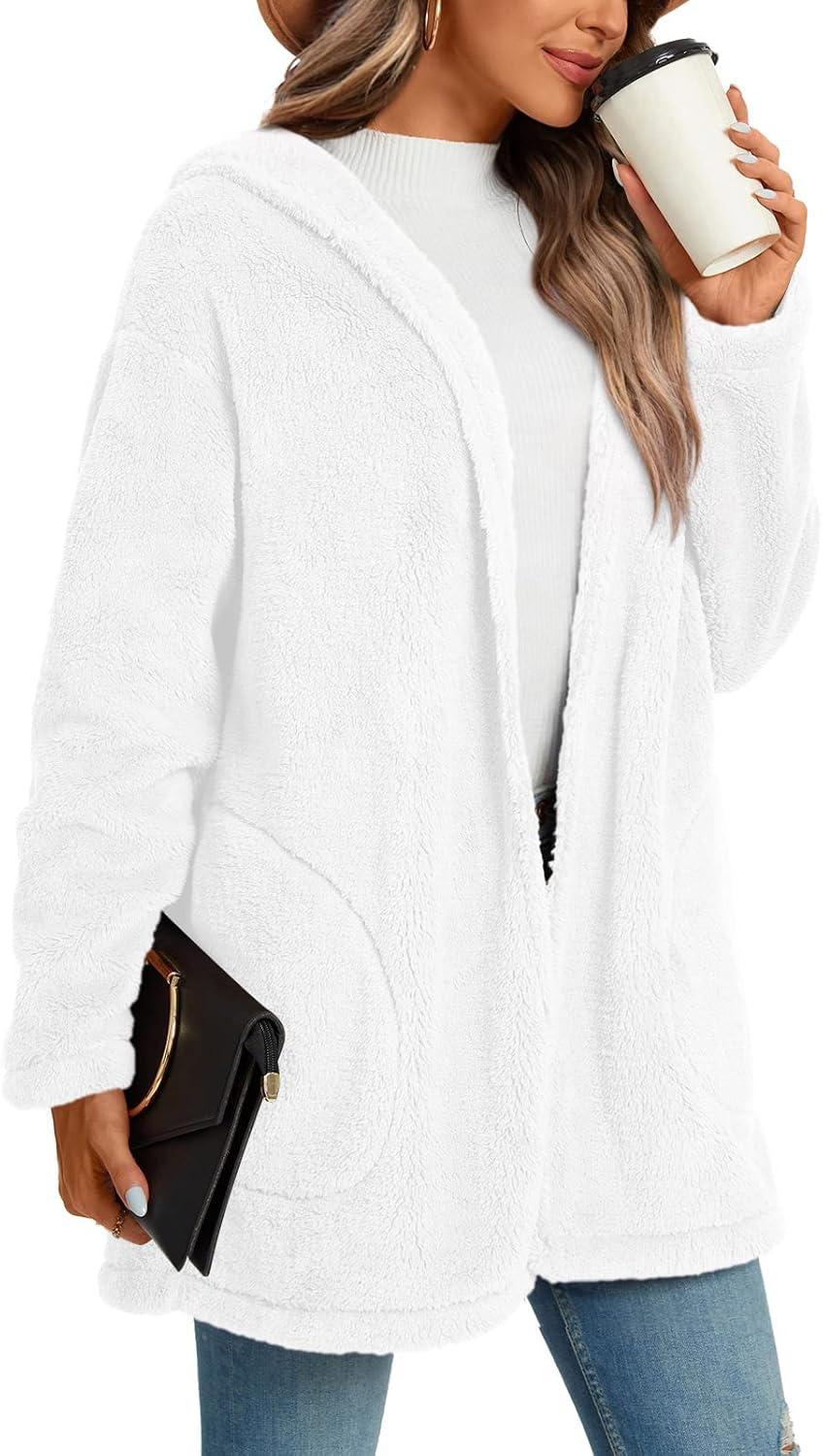 imageLONGYUAN Womens Jacket Winter Coats Hooded Cardigan Fleece Sweaters1white