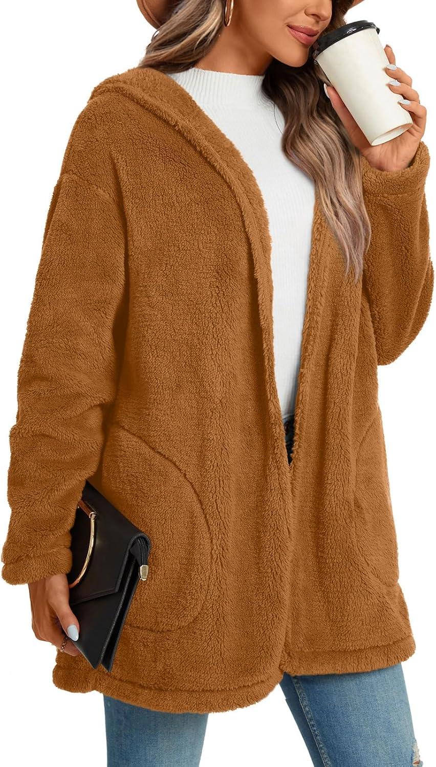 imageLONGYUAN Womens Jacket Winter Coats Hooded Cardigan Fleece SweatersCaramela