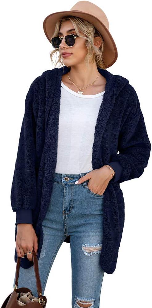 imageLONGYUAN Womens Jacket Winter Coats Hooded Cardigan Fleece SweatersNavy Blue