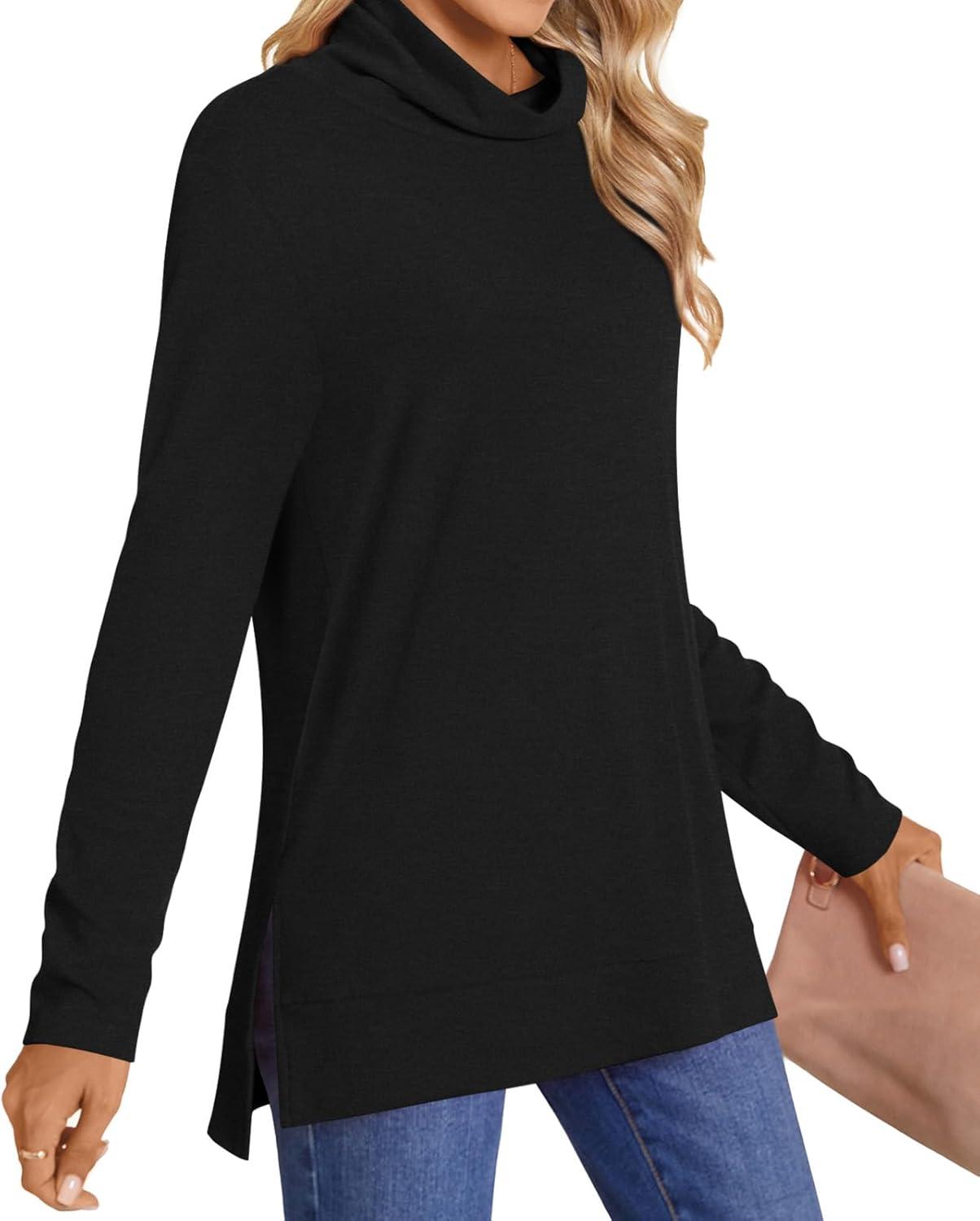 imageLONGYUAN Womens Tunic Tops Long Sleeve Shirts Turtleneck 2025 Trendy Lightweight SweatersAblack