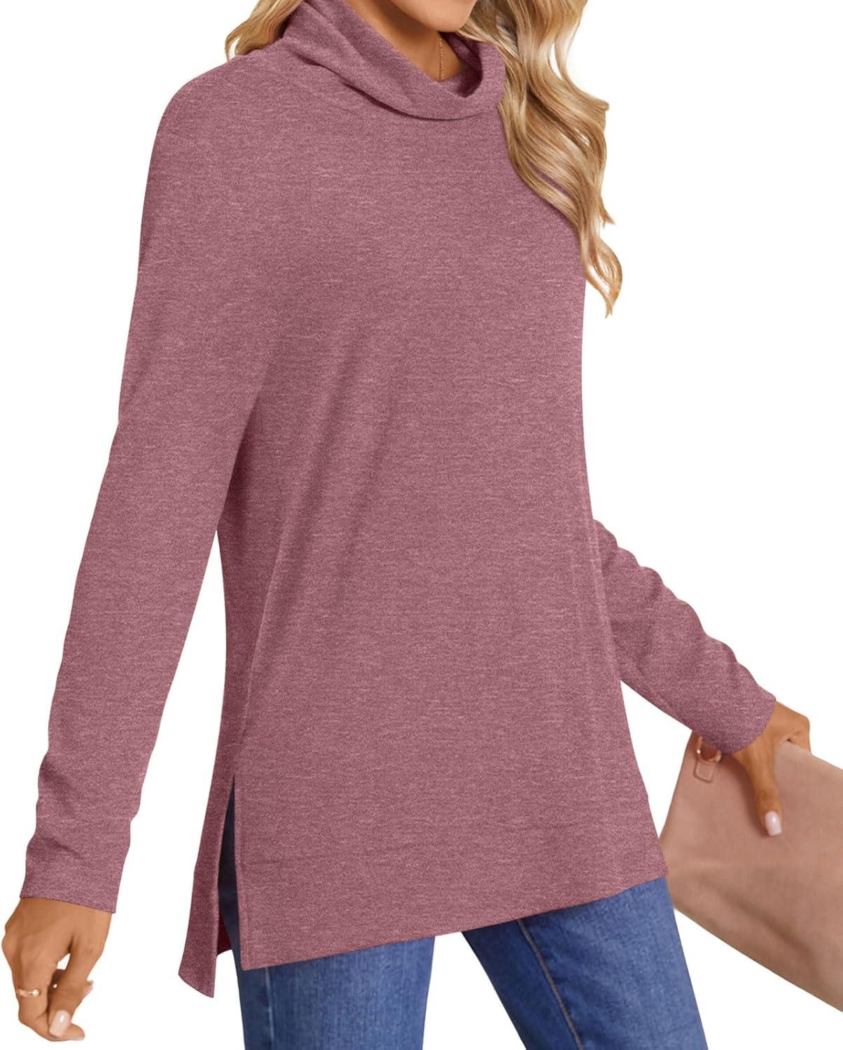 imageLONGYUAN Womens Tunic Tops Long Sleeve Shirts Turtleneck 2025 Trendy Lightweight SweatersAbrown Red