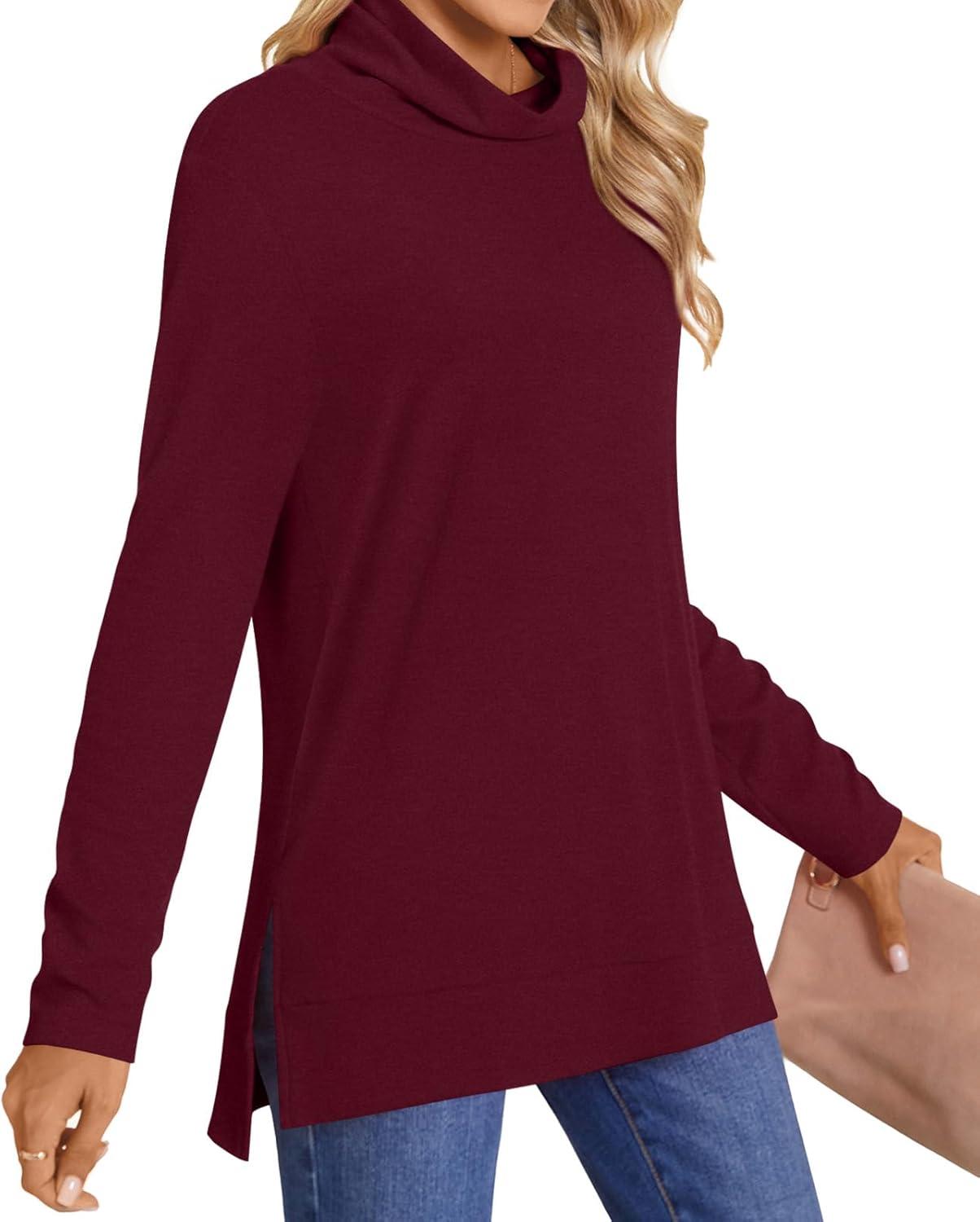 imageLONGYUAN Womens Tunic Tops Long Sleeve Shirts Turtleneck 2025 Trendy Lightweight SweatersAburgundy