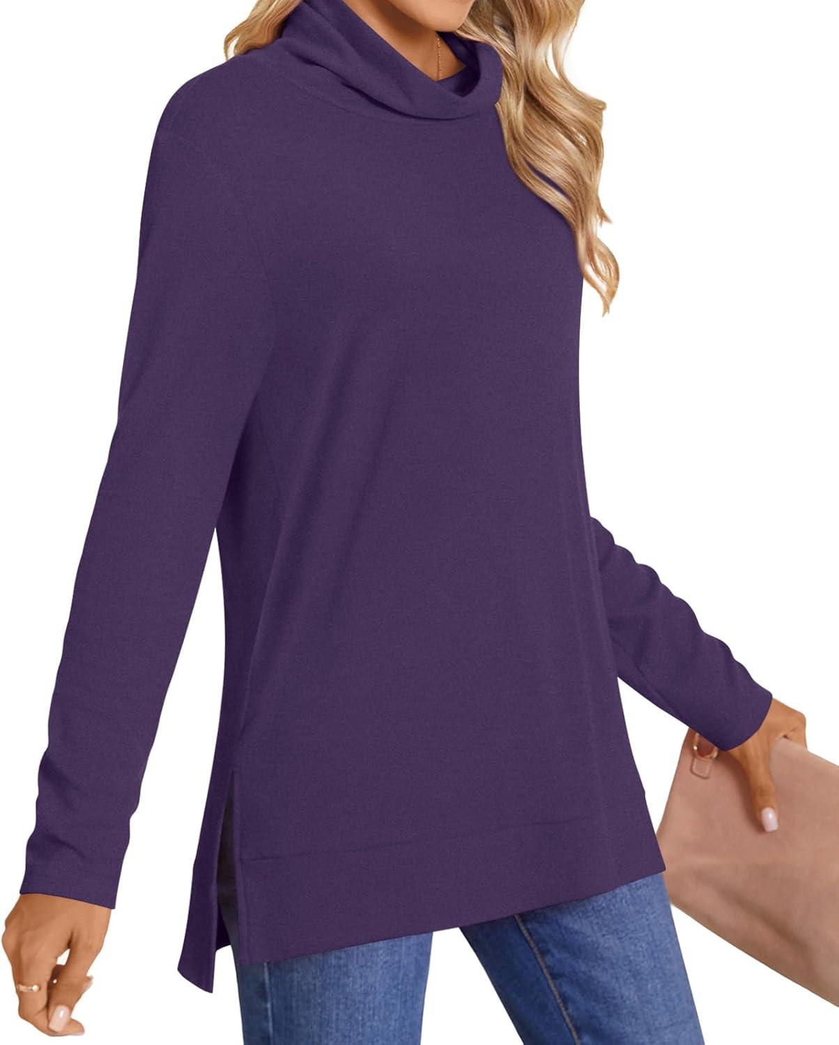 imageLONGYUAN Womens Tunic Tops Long Sleeve Shirts Turtleneck 2025 Trendy Lightweight SweatersAdeep Purple