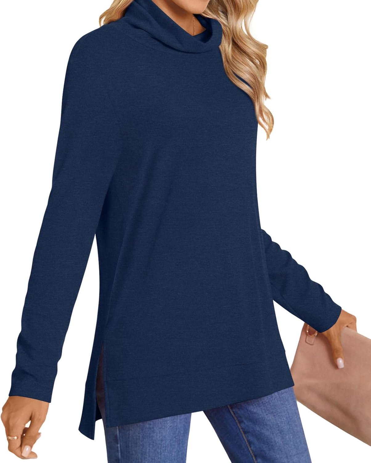 imageLONGYUAN Womens Tunic Tops Long Sleeve Shirts Turtleneck 2025 Trendy Lightweight SweatersAnavy Blue