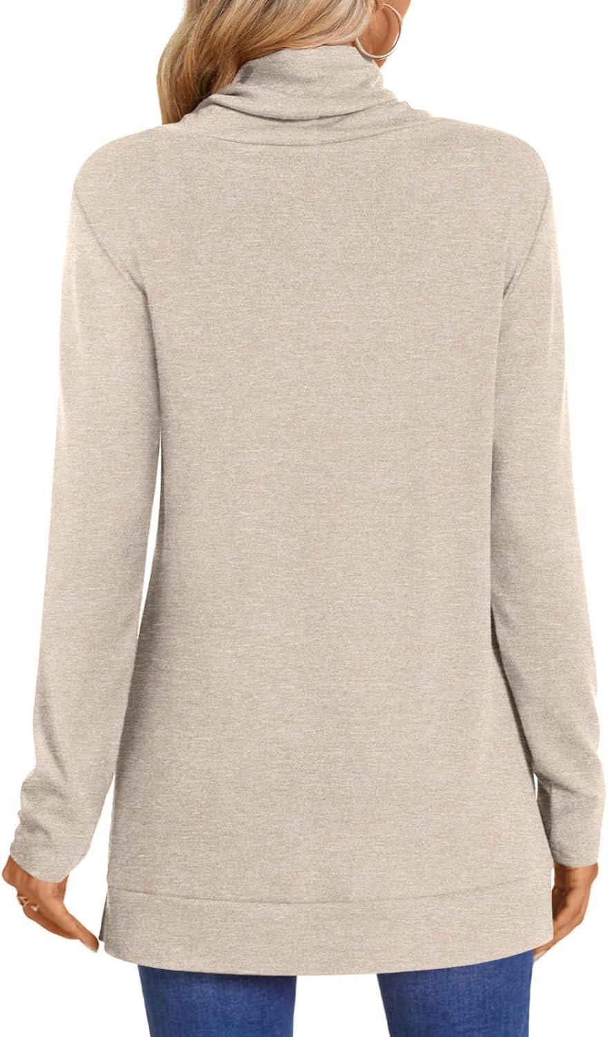 imageLONGYUAN Womens Tunic Tops Long Sleeve Shirts Turtleneck 2025 Trendy Lightweight SweatersBeige