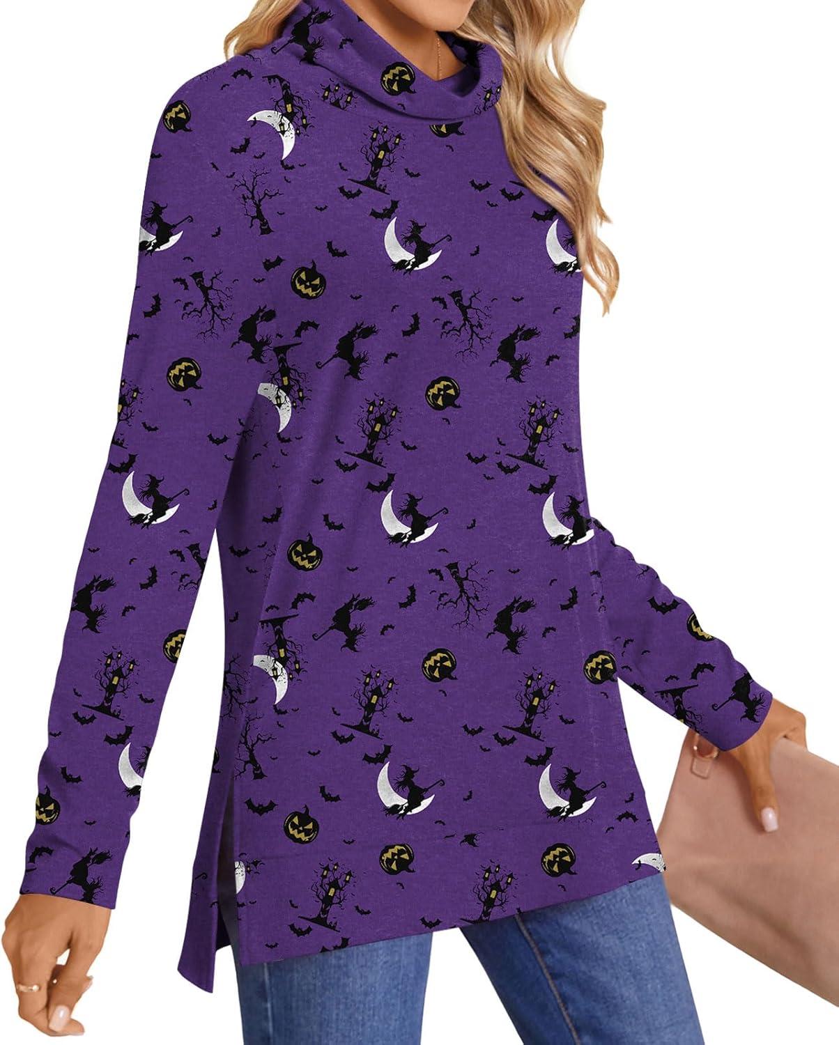 imageLONGYUAN Womens Tunic Tops Long Sleeve Shirts Turtleneck 2025 Trendy Lightweight SweatersDark Night Bat Purple