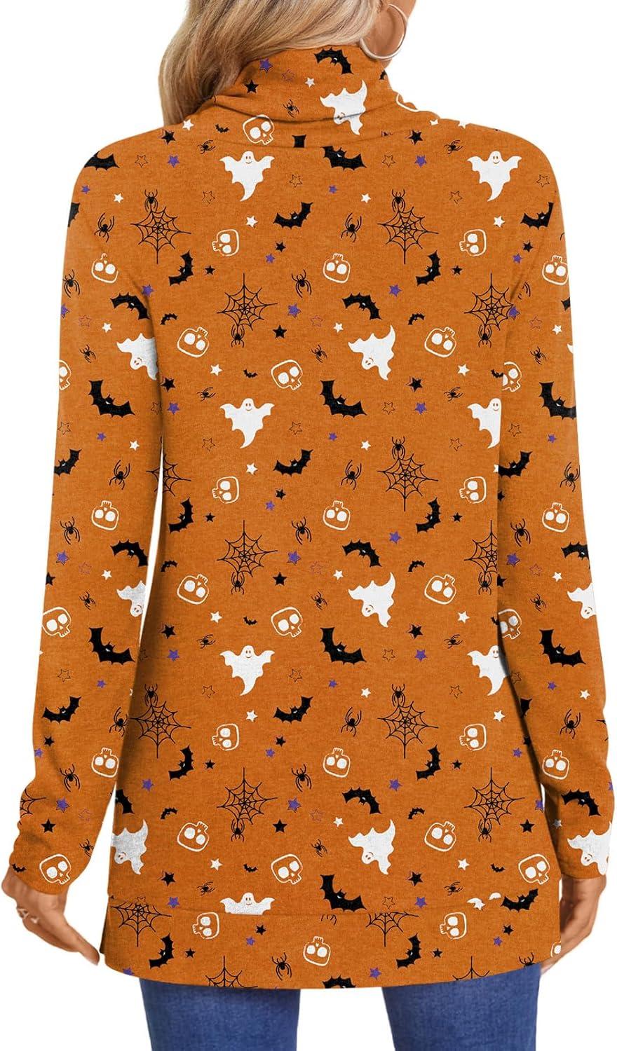 imageLONGYUAN Womens Tunic Tops Long Sleeve Shirts Turtleneck 2025 Trendy Lightweight SweatersTricky Ghost Orange