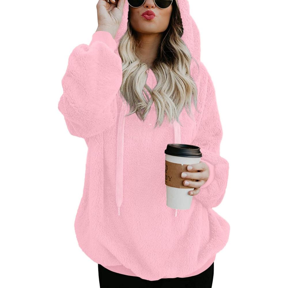 imageLONGYUAN Women Casual Hoodies Fashion Fuzzy Warm Pullover Sherpa Outerwear with PocketsDeep Pink