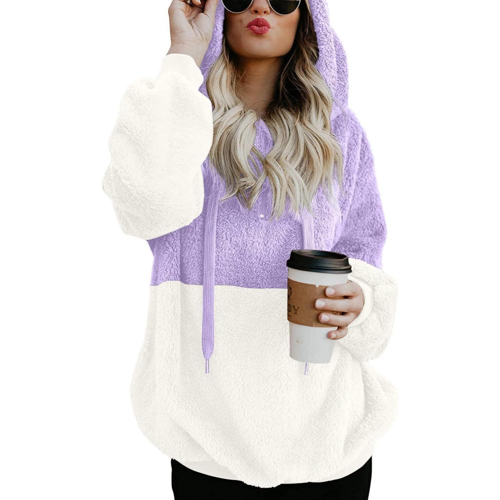 imageLONGYUAN Women Casual Hoodies Fashion Fuzzy Warm Pullover Sherpa Outerwear with PocketsLight Purple White