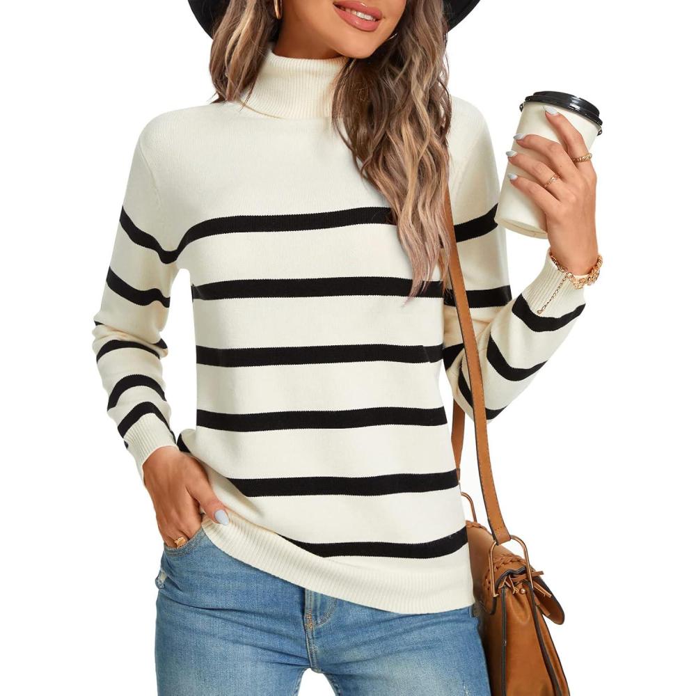 imageLONGYUAN Women Winter Turtle Necks Striped Knit Sweater Long Sleeve Pullover Casual Color Block Spring Tops 20252beigeblack