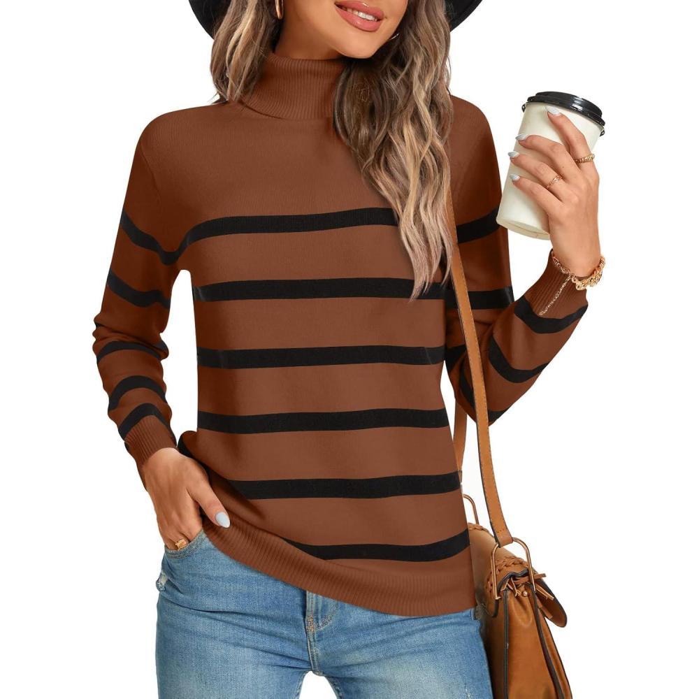 imageLONGYUAN Women Winter Turtle Necks Striped Knit Sweater Long Sleeve Pullover Casual Color Block Spring Tops 20252camelblack