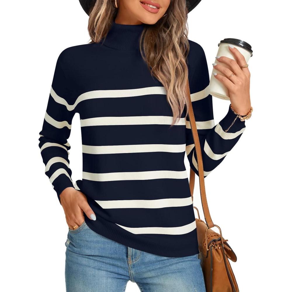imageLONGYUAN Women Winter Turtle Necks Striped Knit Sweater Long Sleeve Pullover Casual Color Block Spring Tops 20252navy Bluebeige