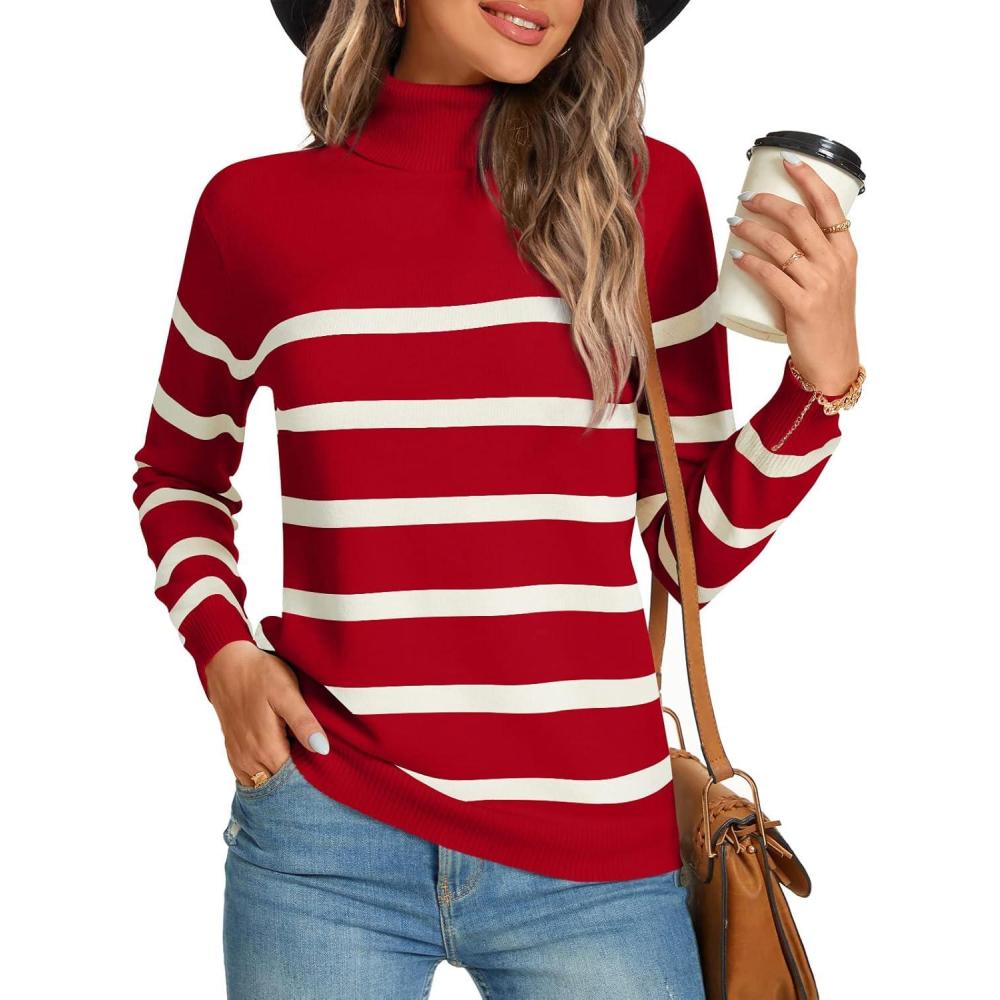 imageLONGYUAN Women Winter Turtle Necks Striped Knit Sweater Long Sleeve Pullover Casual Color Block Spring Tops 20252redbeige