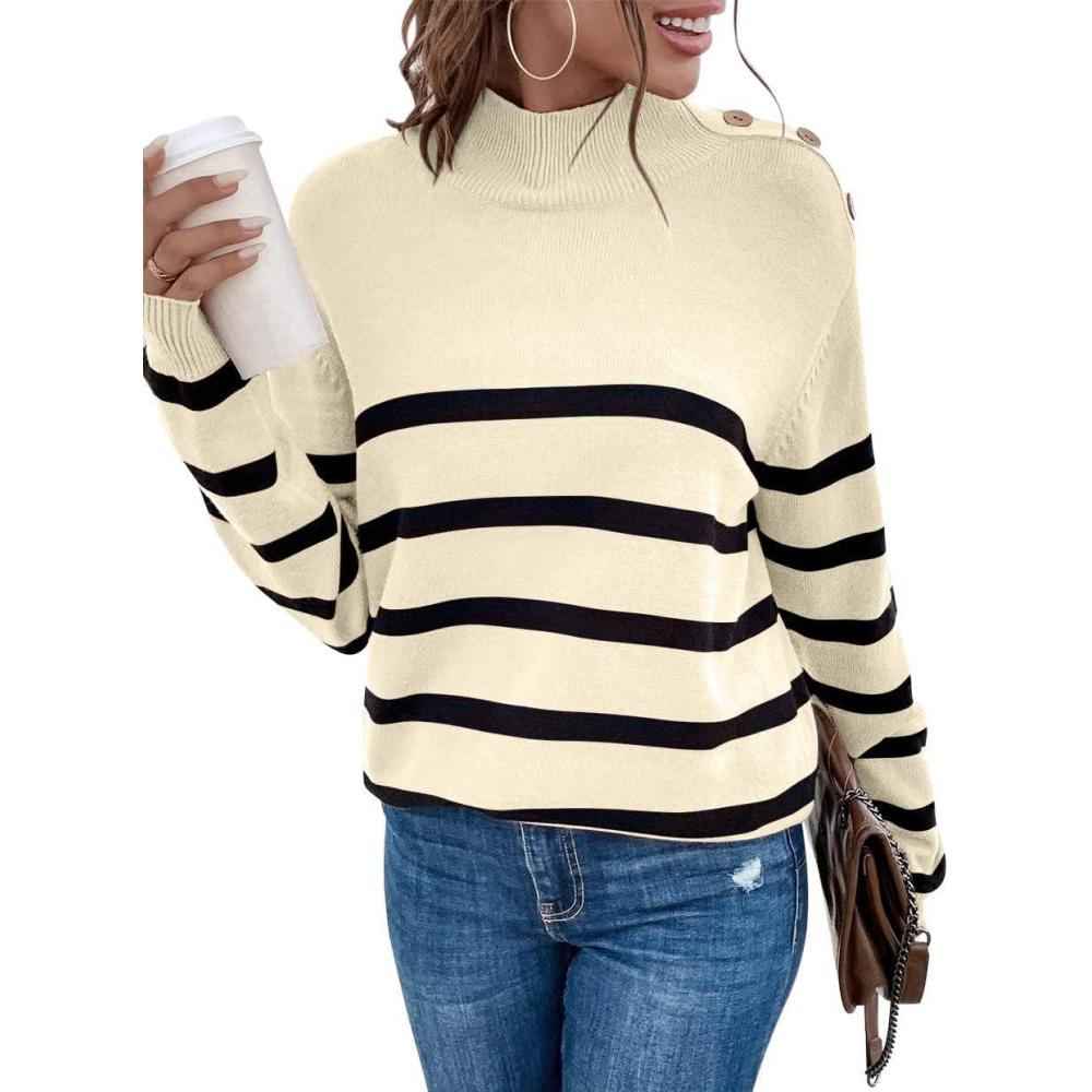 imageLONGYUAN Women Winter Turtle Necks Striped Knit Sweater Long Sleeve Pullover Casual Color Block Spring Tops 2025Bapricot