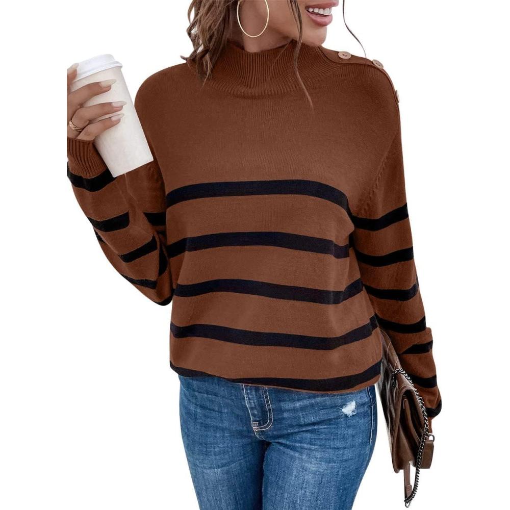 imageLONGYUAN Women Winter Turtle Necks Striped Knit Sweater Long Sleeve Pullover Casual Color Block Spring Tops 2025Bcamel