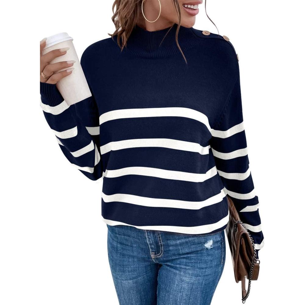imageLONGYUAN Women Winter Turtle Necks Striped Knit Sweater Long Sleeve Pullover Casual Color Block Spring Tops 2025Wnavy Blue