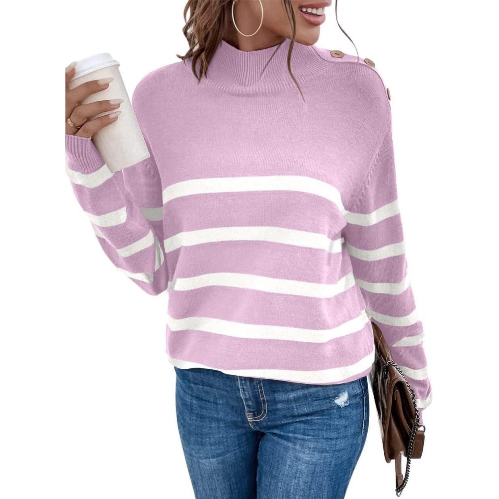 imageLONGYUAN Women Winter Turtle Necks Striped Knit Sweater Long Sleeve Pullover Casual Color Block Spring Tops 2025Wpurple