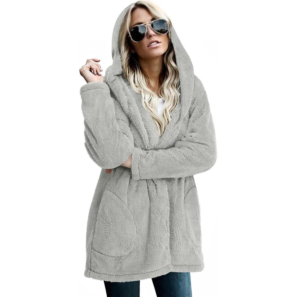 imageLONGYUAN Womens Jacket Winter Coats Hooded Cardigan Fleece Sweaters1grey