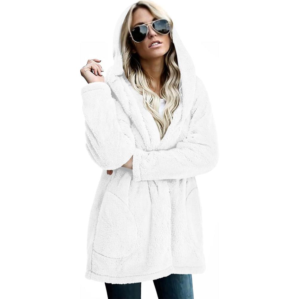 imageLONGYUAN Womens Jacket Winter Coats Hooded Cardigan Fleece Sweaters1white