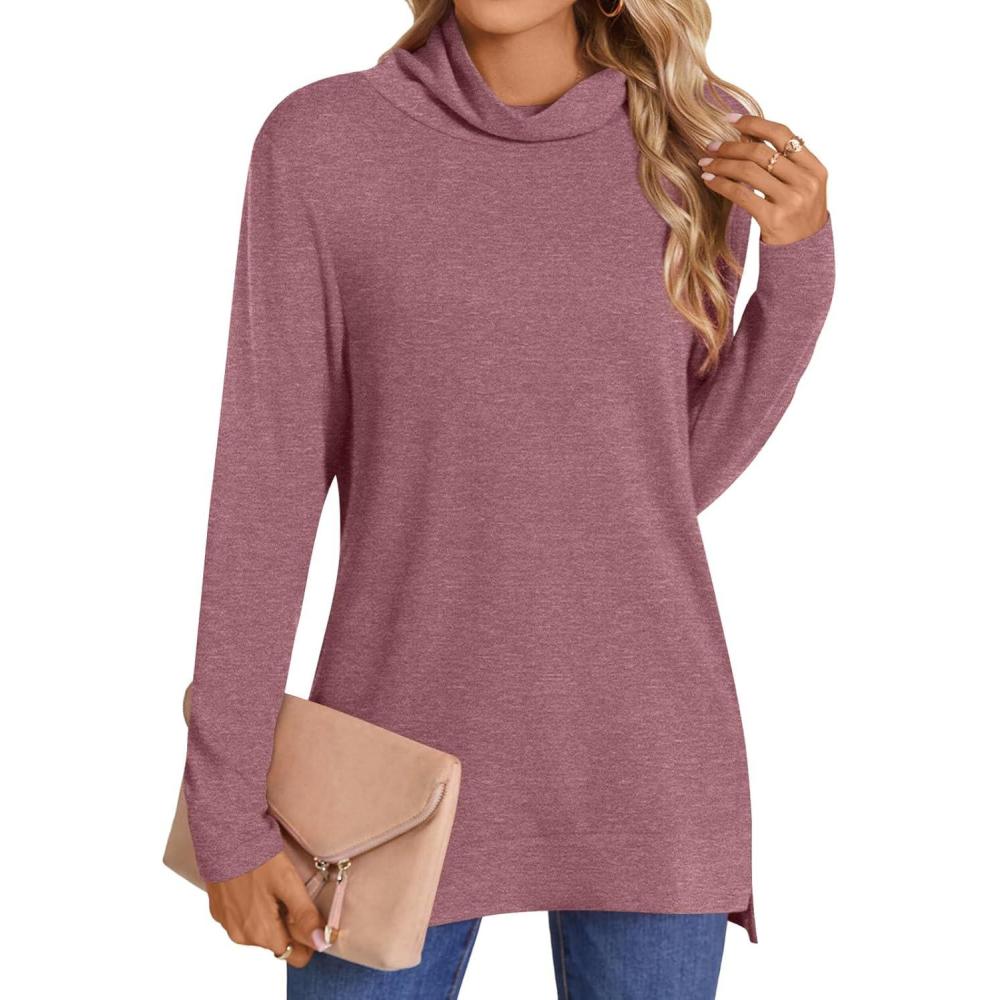 imageLONGYUAN Womens Tunic Tops Long Sleeve Shirts Turtleneck 2025 Trendy Lightweight SweatersAbrown Red