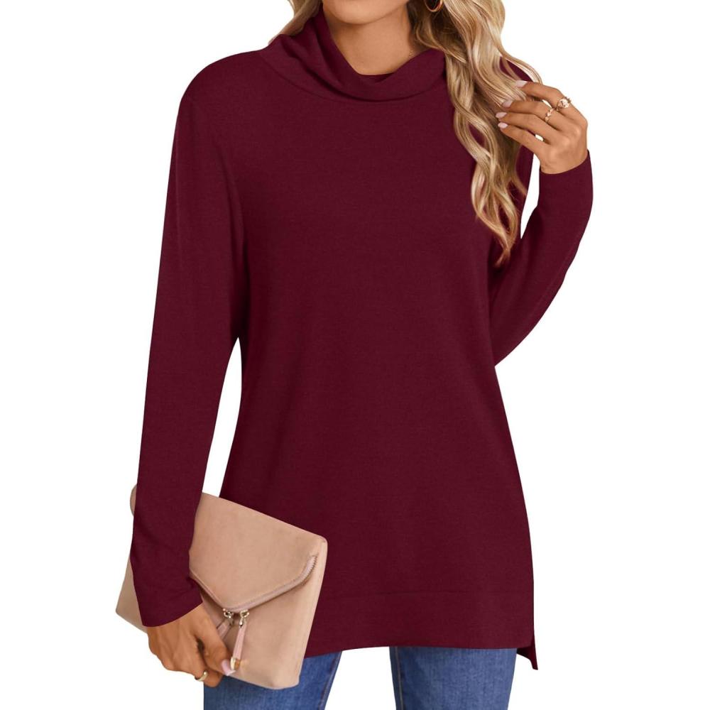 imageLONGYUAN Womens Tunic Tops Long Sleeve Shirts Turtleneck 2025 Trendy Lightweight SweatersAburgundy