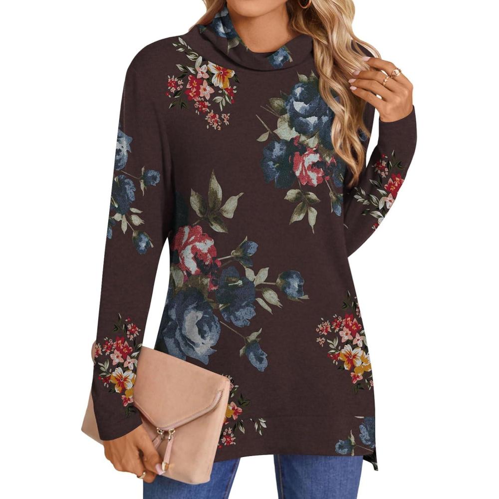 imageLONGYUAN Womens Tunic Tops Long Sleeve Shirts Turtleneck 2025 Trendy Lightweight SweatersBrown Blue Fl