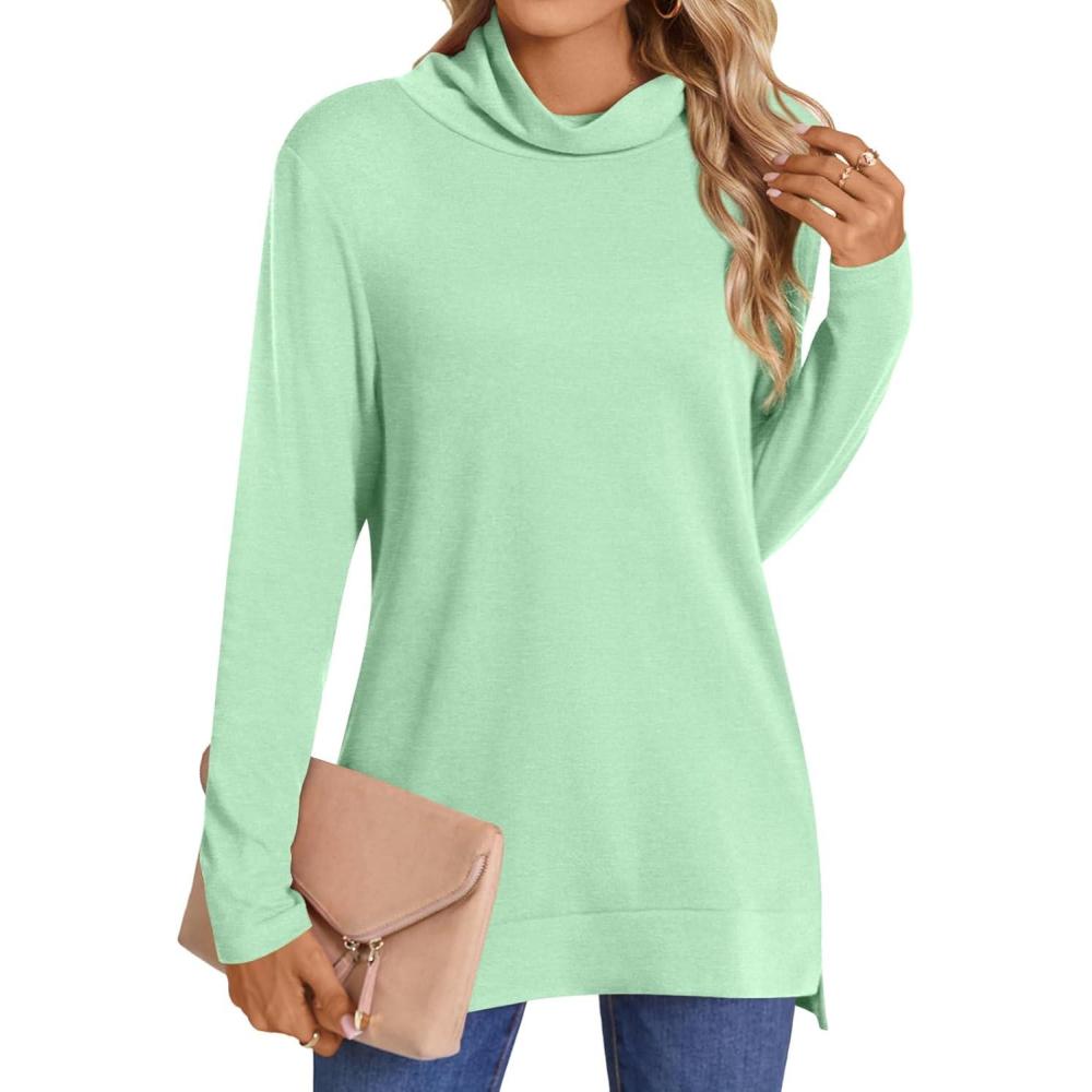 imageLONGYUAN Womens Tunic Tops Long Sleeve Shirts Turtleneck 2025 Trendy Lightweight SweatersMatcha Green