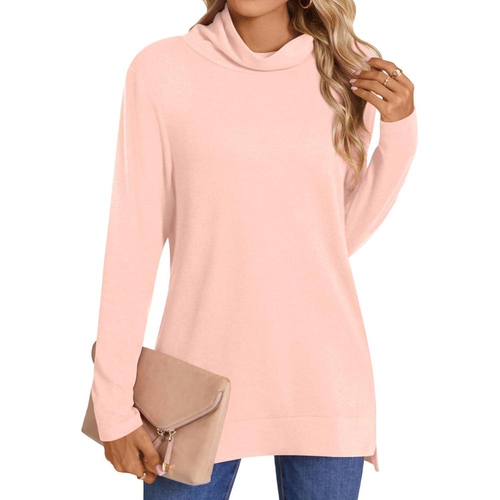 imageLONGYUAN Womens Tunic Tops Long Sleeve Shirts Turtleneck 2025 Trendy Lightweight SweatersPink