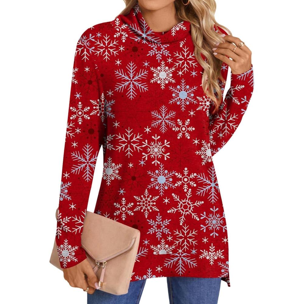 imageLONGYUAN Womens Tunic Tops Long Sleeve Shirts Turtleneck 2025 Trendy Lightweight SweatersSnow Red