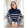 imageLONGYUAN Women Winter Turtle Necks Striped Knit Sweater Long Sleeve Pullover Casual Color Block Spring Tops 2025Wnavy Blue